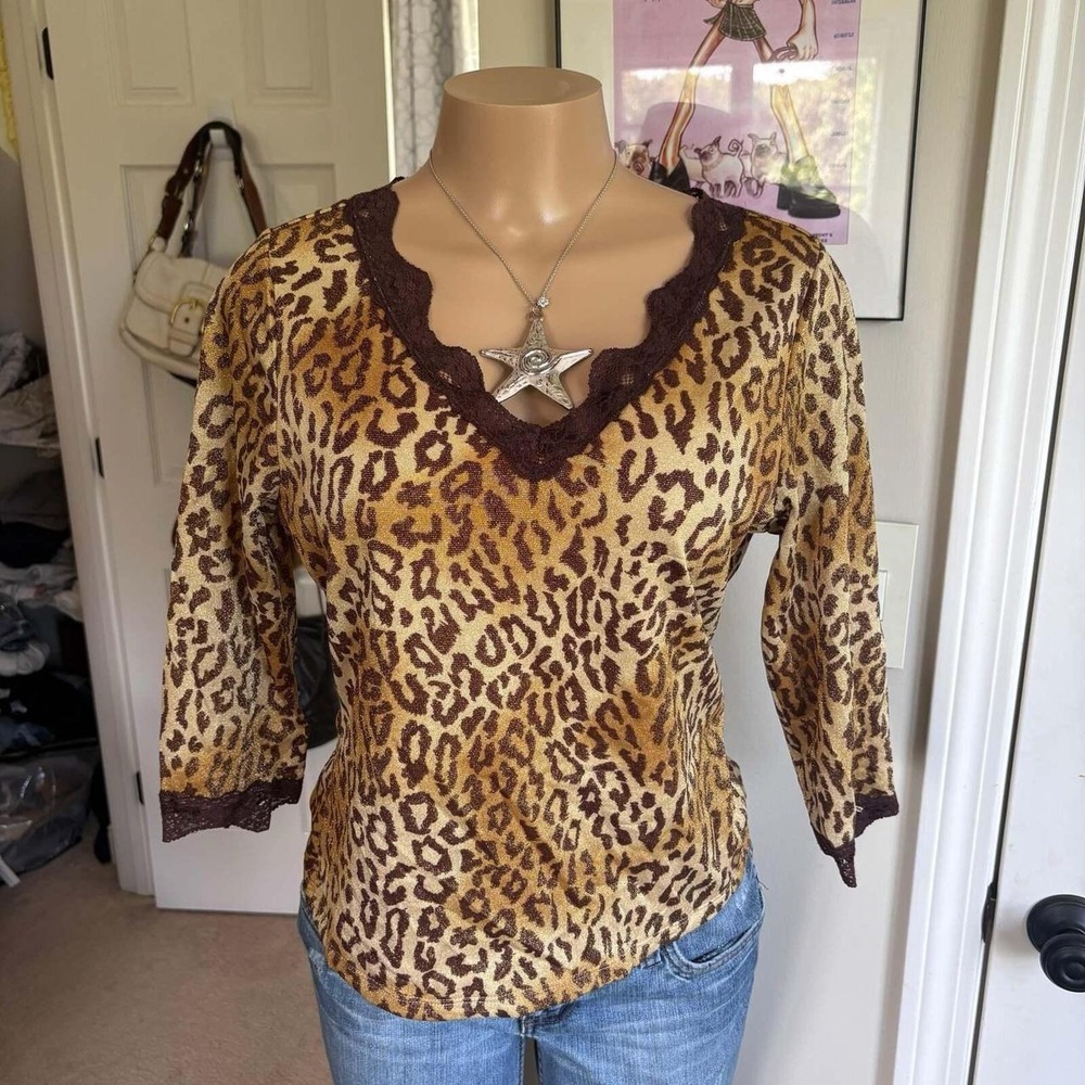 y2k 2000s leopard print lace trim top Size L